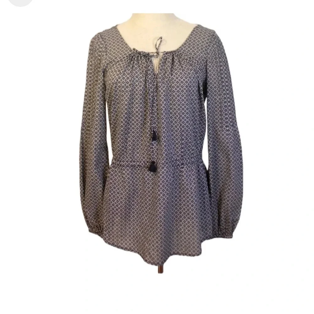 TORY BURCH Evelina Voile Tunic Blouse Top Navy Blue White Print